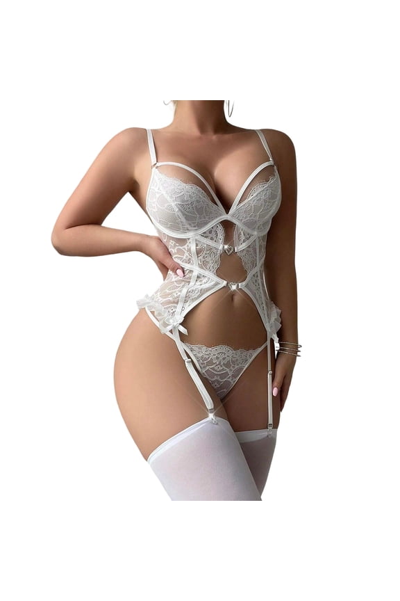 Women Corset Style Bodysuit with Garter Straps Cutout Detail Matching Thong and Stockings Lingerie Set White S