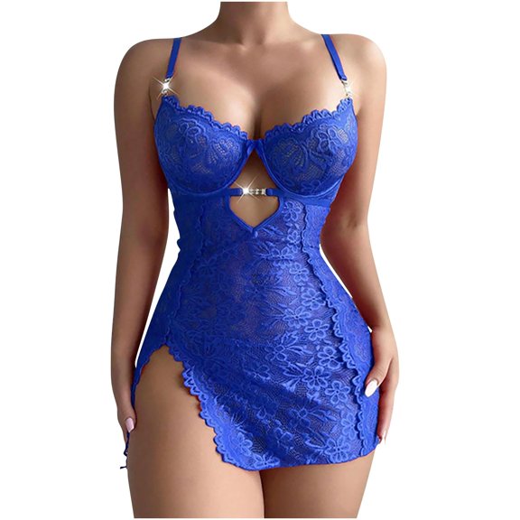 JSGEK Women Corset Style Cutout High Slit Bodysuit Adjustable Straps Lingerie for Romantic Date Night Blue S