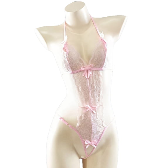 JSGEK Women Crisscross Strappy Bra and Thong Set Sheer Lace Panels Lingerie for Nightclub or Bedroom Pink Free Size