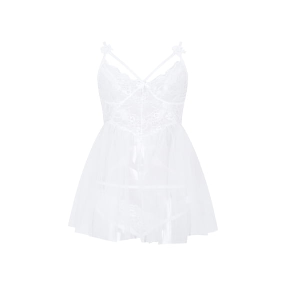 JSGEK Women Crisscross Strappy Sheer Lace Chemise Dress Flared Ruffle Hem Lingerie for Intimate Evenings White XXL