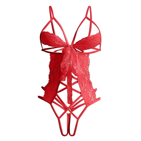 JSGEK Women Crisscross Strappy Sheer Mesh Bodysuit Cutout Detail High Cut Thong Lingerie for Nightclub Wear Red XXL