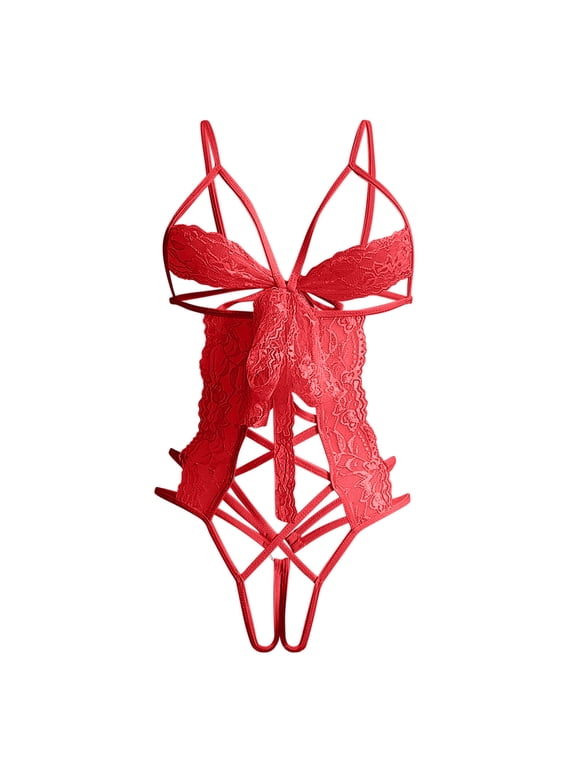 Women Crisscross Strappy Sheer Mesh Bodysuit Cutout Detail High Cut Thong Lingerie for Nightclub Wear Red XXXXL