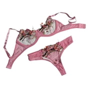 JSGEK Women Floral Embroidered Bra and Thong Set Underwire Support Lingerie for Romantic Nightwear Pink XL