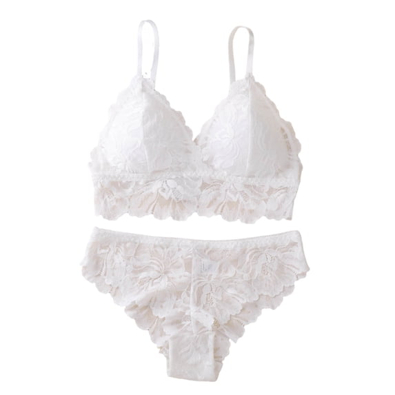 JSGEK Women Floral Lace Bra and Boyshort Set Underwire Support Adjustable Straps Comfortable Lingerie for Everyday Wear White L