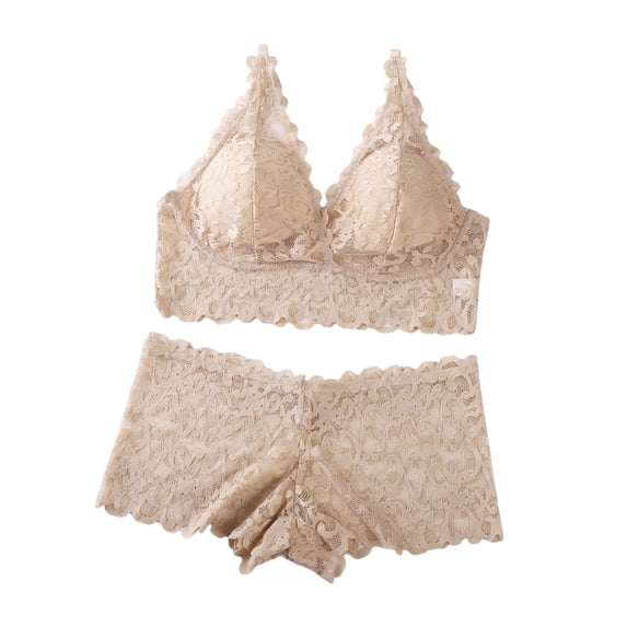 JSGEK Women Floral Lace Bra and Panty Set Plunge Neckline Adjustable Straps Intimate Lingerie for Bedroom Wear Beige M