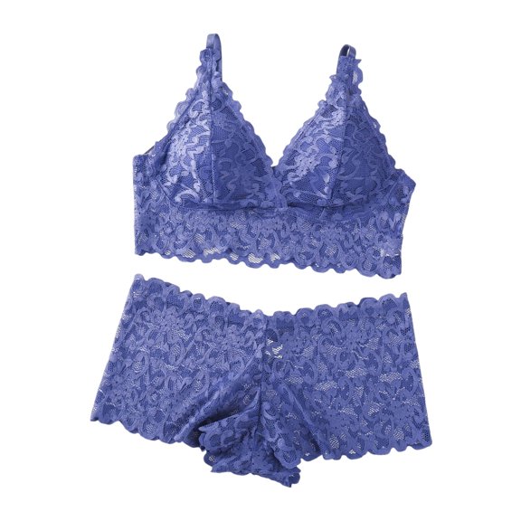 JSGEK Women Floral Lace Bra and Panty Set Plunge Neckline Adjustable Straps Intimate Lingerie for Bedroom Wear Blue S