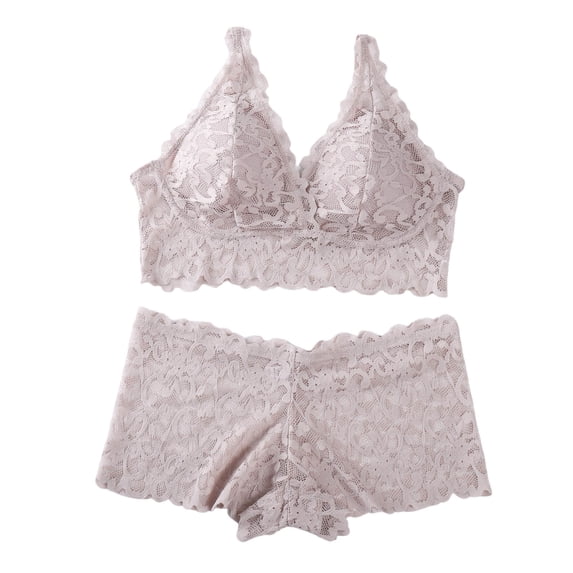 JSGEK Women Floral Lace Bra and Panty Set Plunge Neckline Adjustable Straps Intimate Lingerie for Bedroom Wear Pink M