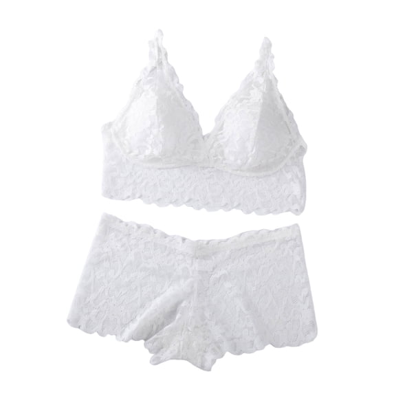JSGEK Women Floral Lace Bra and Panty Set Plunge Neckline Adjustable Straps Intimate Lingerie for Bedroom Wear White M