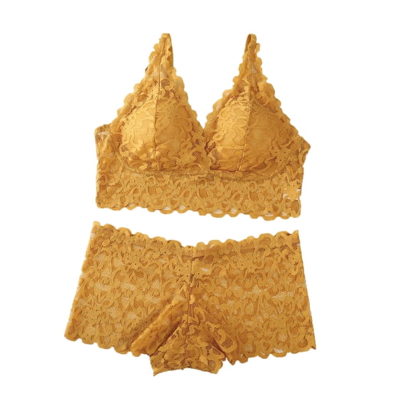 JSGEK Women Floral Lace Bra and Panty Set Plunge Neckline Adjustable Straps Intimate Lingerie for Bedroom Wear Yellow L