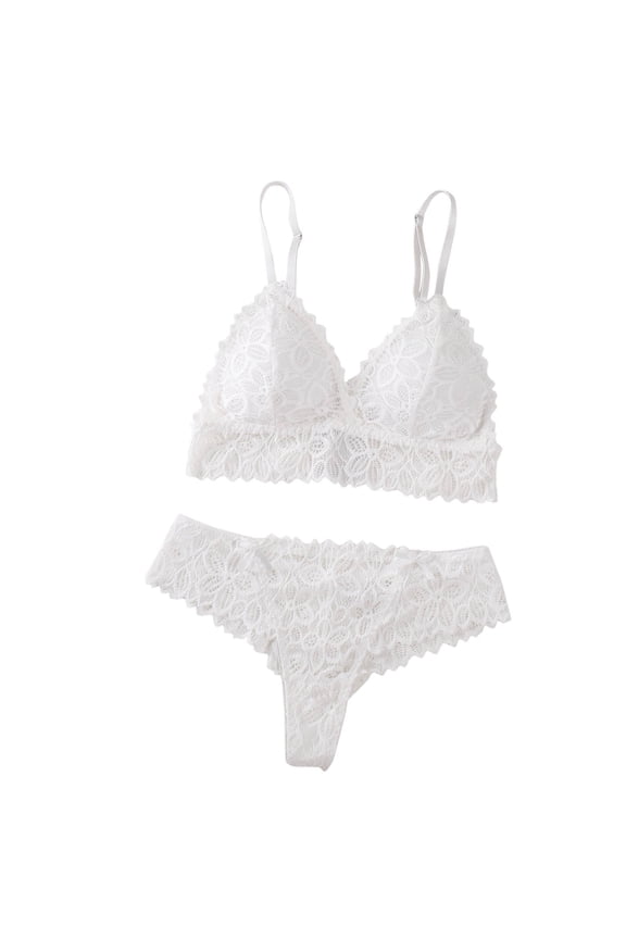 Women Floral Lace Bra and Thong Set Plunge Neckline Adjustable Straps Intimate Lingerie for Bedroom Wear White S