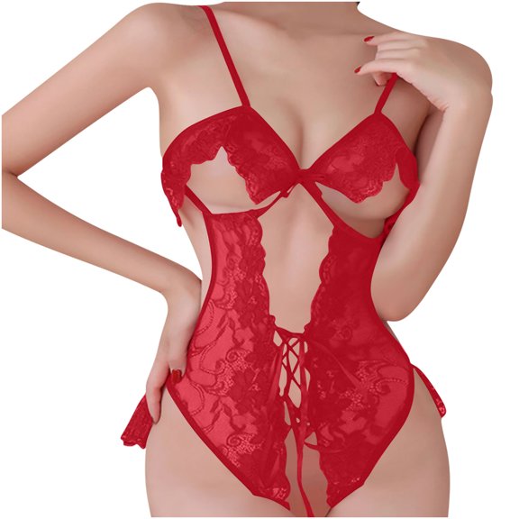 JSGEK Women Floral Lace Cutout Bodysuit Front Tie Up Strappy Lingerie for Special Date Night Red M