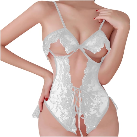 JSGEK Women Floral Lace Cutout Bodysuit Front Tie Up Strappy Lingerie for Special Date Night White S