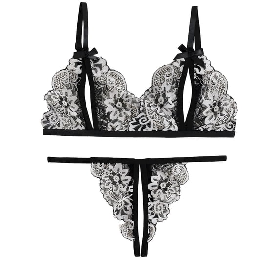 JSGEK Women Furry Trim Lace Bra and Thong Set Sheer Mesh Underwire Support Lingerie for Intimate Nightwear Black XL