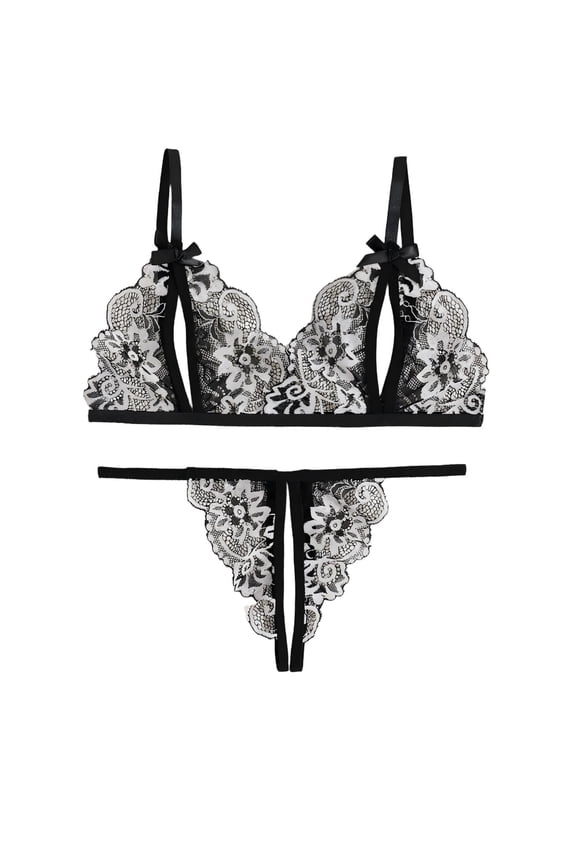 Women Furry Trim Lace Bra and Thong Set Sheer Mesh Underwire Support Lingerie for Intimate Nightwear Black XL