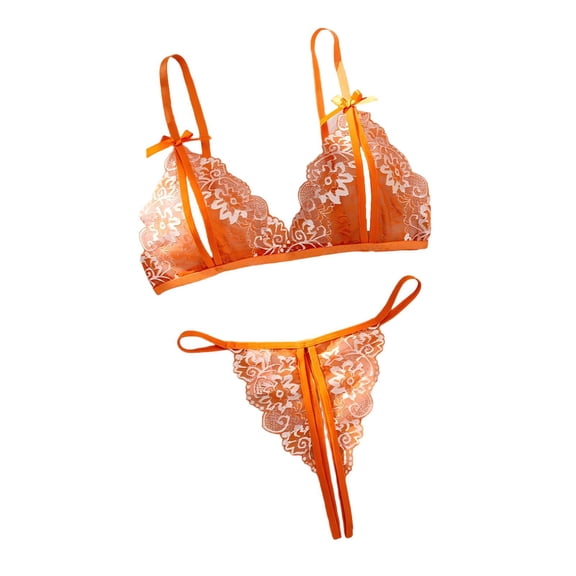 JSGEK Women Furry Trim Lace Bra and Thong Set Sheer Mesh Underwire Support Lingerie for Intimate Nightwear Orange M