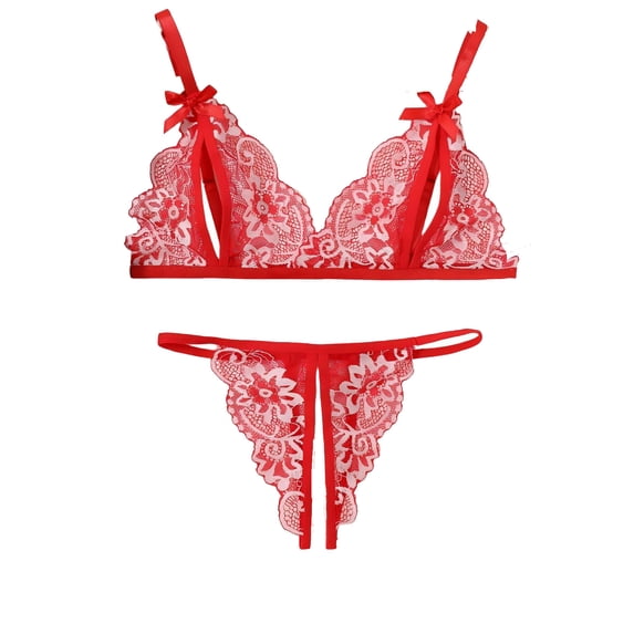 JSGEK Women Furry Trim Lace Bra and Thong Set Sheer Mesh Underwire Support Lingerie for Intimate Nightwear Red XL