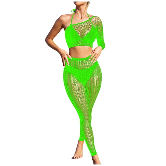 JSGEK Women Halter Neck Fishnet Crop Top and Pants Set Sheer Fabric 2 Piece Lingerie for Beach or Poolside Green Free Size