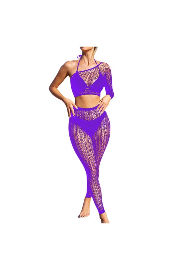 Women Halter Neck Fishnet Crop Top and Pants Set Sheer Fabric 2 Piece Lingerie for Beach or Poolside Purple Free Size