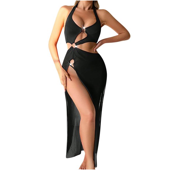 JSGEK Women Halter Neck High Slit 2 Piece Set Crop Top and Maxi Skirt Lingerie for Nightclub Wear Black M