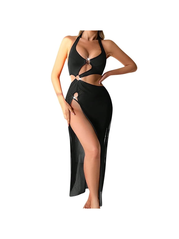 Women Halter Neck High Slit 2 Piece Set Crop Top and Maxi Skirt Lingerie for Nightclub Wear Black M