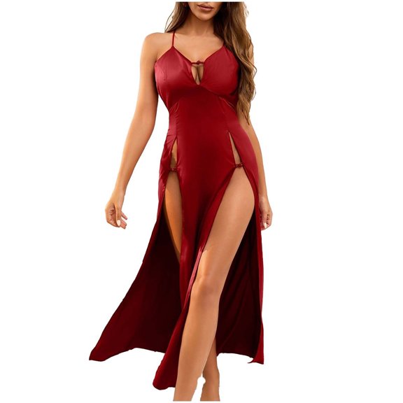 JSGEK Women High Slit Spaghetti Strap Maxi Dress Deep V Neck Form Fitting Silhouette Lingerie for Special Occasions Red S