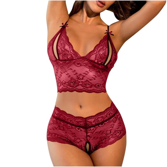 JSGEK Women Lace Crop Top and Boyshort Set V Neck Adjustable Straps Lingerie for Casual Night Out Red S