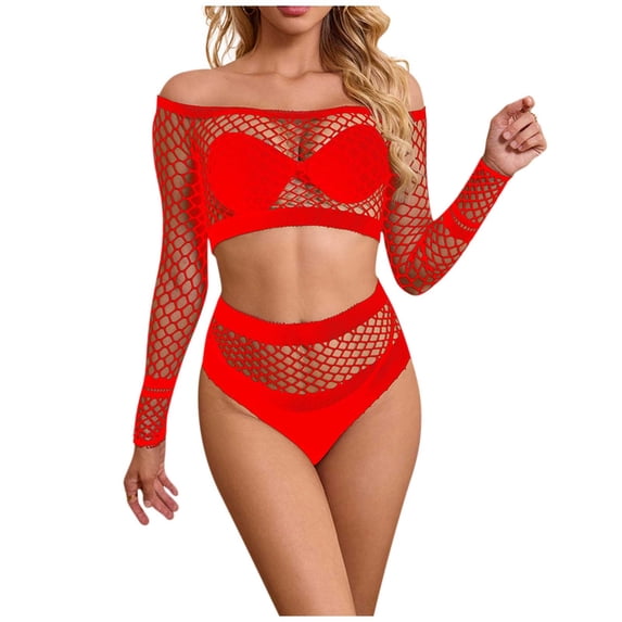 JSGEK Women Off Shoulder Long Sleeve Fishnet Crop Top and High Waist Bottom Set Sheer Fabric Lingerie for Nightclub Wear Red Free Size