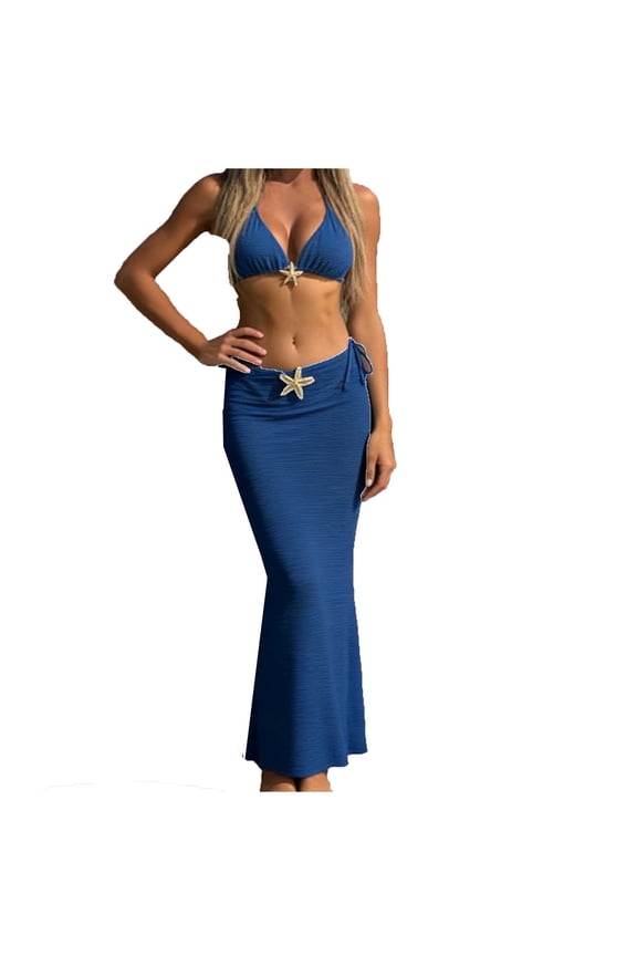 Women Piece Swimsuit Set Horizontal Stripes Plus Size Fit Sheer Mesh Accent Durable Material Multi Piece Set Blue L