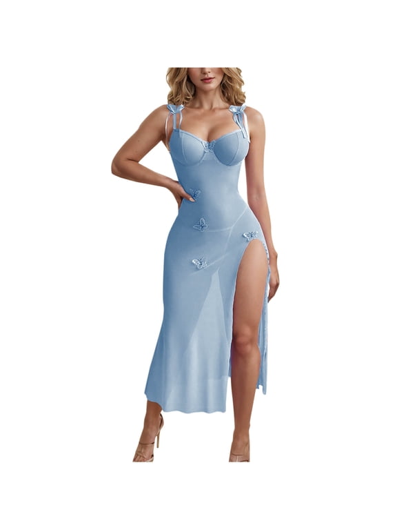 Women Satin Spaghetti Strap Midi Dress High Side Slit Underwire Bustier Nightwear Lingerie Set Blue M