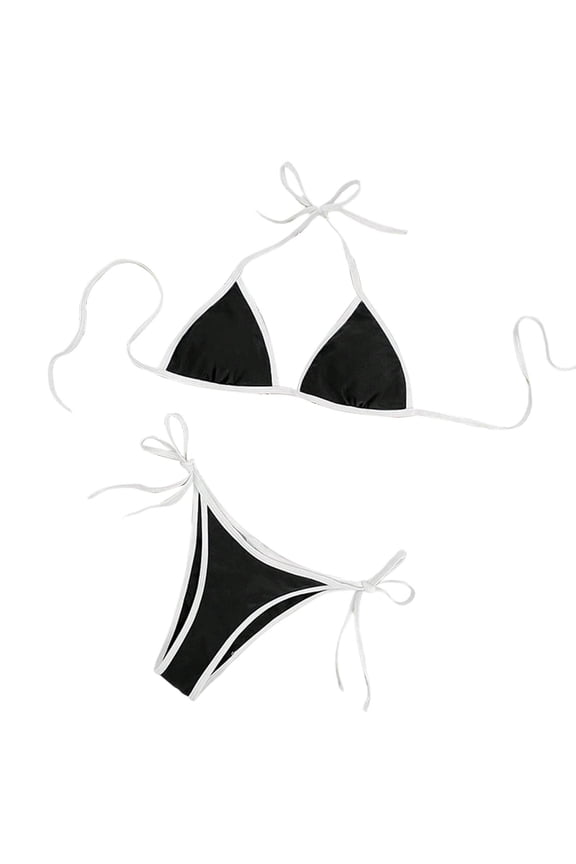 Women Sexy Bikini Set Solid Color Extended Sizing Drawstring Detail Padded Support Beach Ready Padded Support Black XS