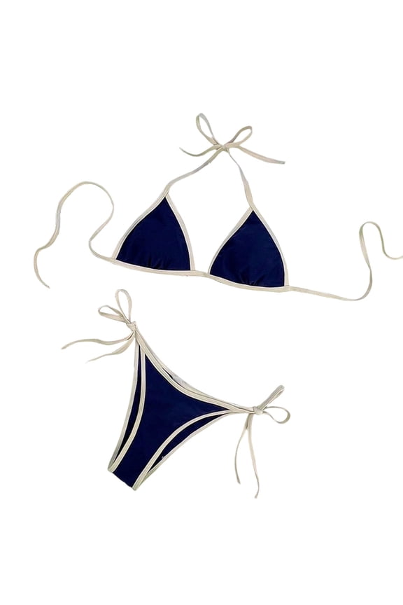 Women Sexy Bikini Set Solid Color Extended Sizing Drawstring Detail Padded Support Beach Ready Padded Support Blue L