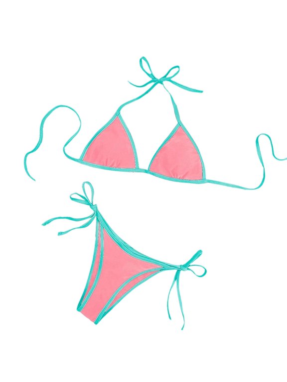 Women Sexy Bikini Set Solid Color Extended Sizing Drawstring Detail Padded Support Beach Ready Padded Support Red M