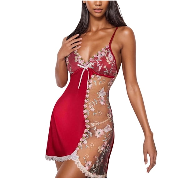 JSGEK Women Sheer Lace and Satin Panel Chemise Dress Bow Accent Adjustable Straps Nightwear Lingerie Set Red M