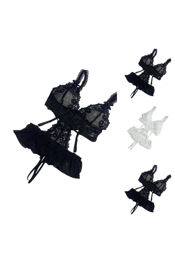 Women Sheer Mesh Bra and Thong Set Adjustable Straps Intimate Lingerie for Bedroom Wear Black L