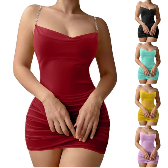 JSGEK Women Spaghetti Strap Ruched Bodycon Mini Dress Satin Fabric Lingerie for Nightclub Wear Black L