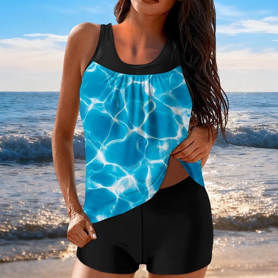 JSGEK Women Tankini Bathing Suit Fashion Print Slimming Effect V Neck Style Swimwear Set Trendy Style Easy Care Fabric Multicolor L