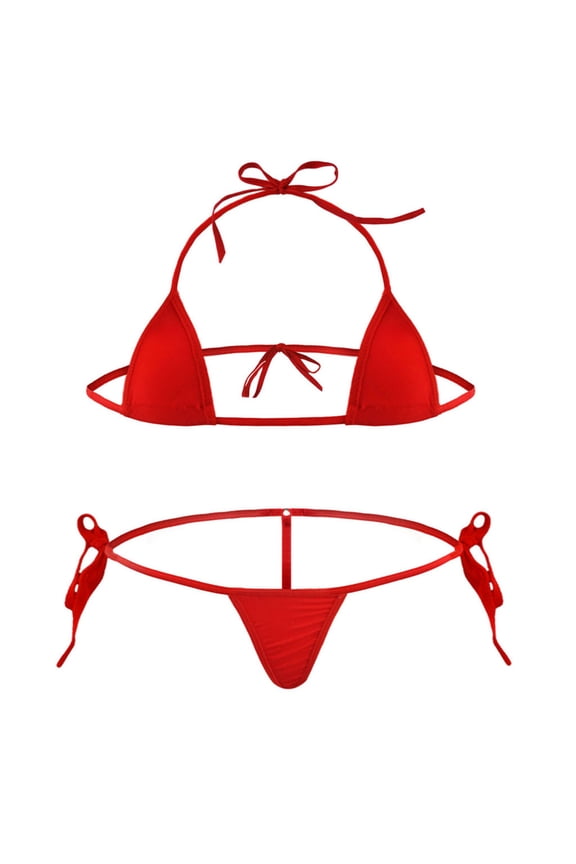 Women Tie Side Triangle Cup Bikini Set 2 Piece Swimwear Lingerie for Beach or Poolside Red Free Size
