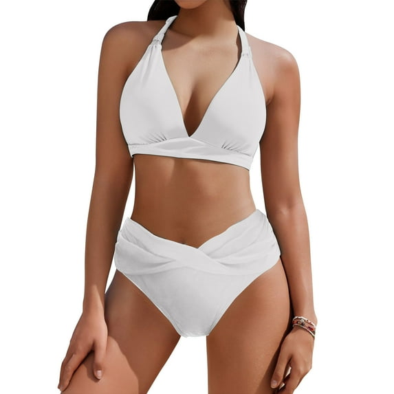 JSGEK Women's Bikini Swimwear Halter Neck Padded Cups Backless Stylish Bathing Suit For Women Premium Premium White L