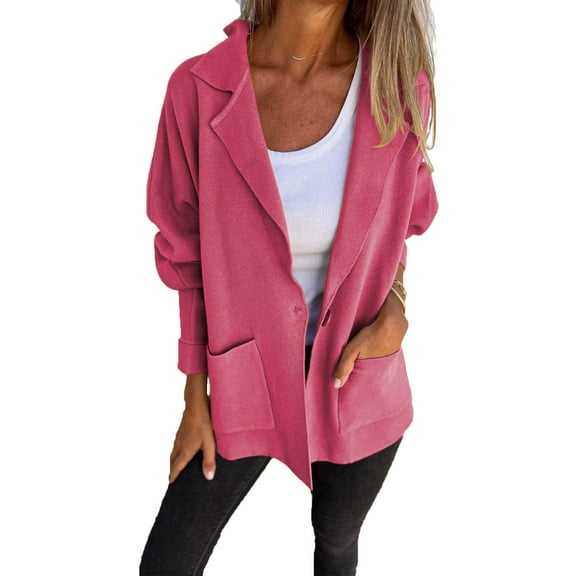 JSGEK Women's Blazer Long Sleeve Open Front Cardigan Button Down Solid Color Pocket Blazer Jacket Pink M