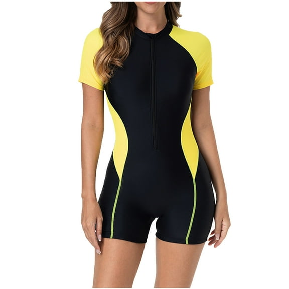 JSGEK Women's Block Short Sleeve One Piece Wetsuit Versatile Design Durable Material Water Sports Wear Yellow XS