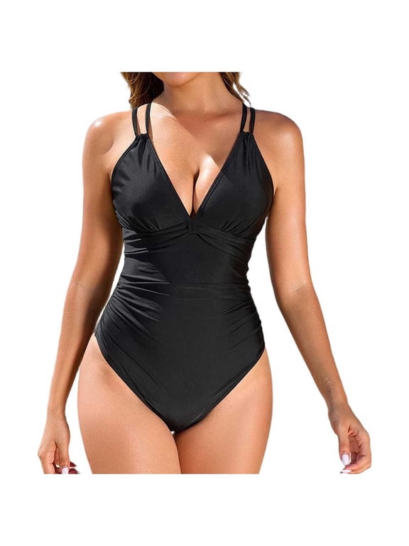 Women's Deep V Halter One Piece Swimsuit Tie Detail Lightweight Fabric Beach Vacation Wear Black M