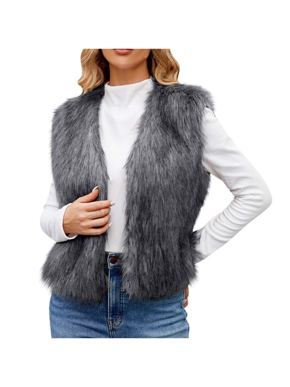 Women's Faux Fur Vest Fuzzy Warm Winter Sleeveless Jacket Outwear Fluffy Soft Cozy Lightweight Dark Gray XL