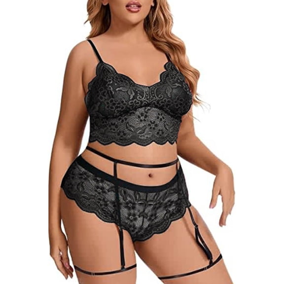 JSGEK Women's Floral Lace Corset Lingerie Set with Underwire and Adjustable Straps Black XL