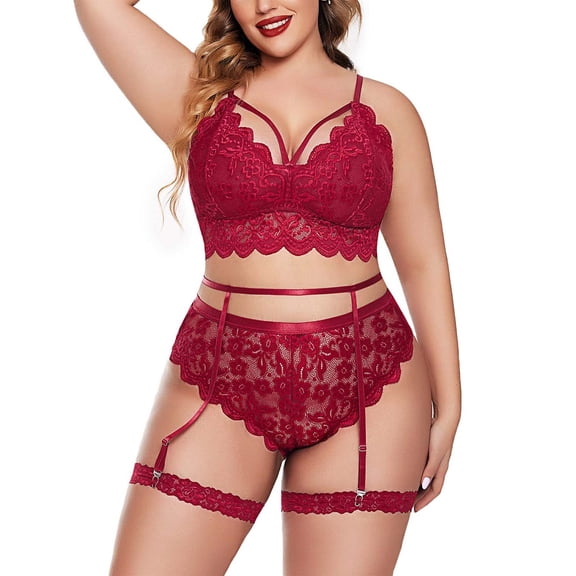 JSGEK Women's Floral Lace Corset Lingerie Set with Underwire and Adjustable Straps Red L