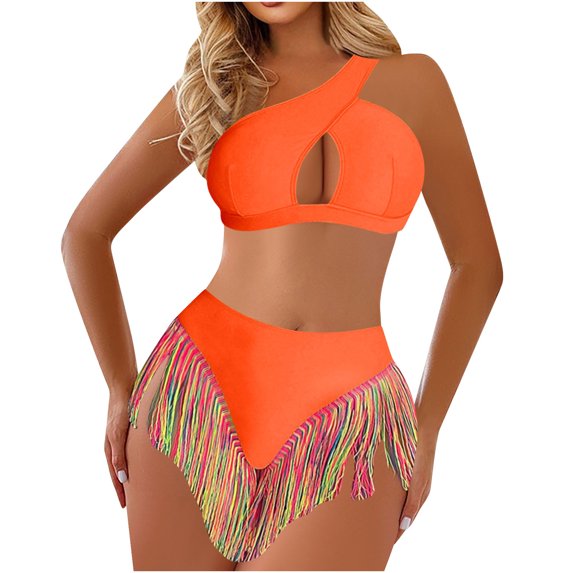 JSGEK Women's Fringe Detail One Shoulder Two Piece Swimsuit Stylish Design Lightweight Material Beach Party Wear Orange XL