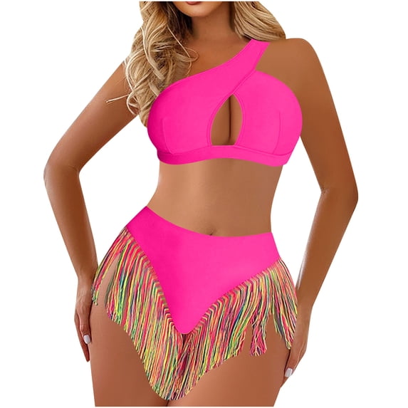 JSGEK Women's Fringe Detail One Shoulder Two Piece Swimsuit Stylish Design Lightweight Material Beach Party Wear Pink S