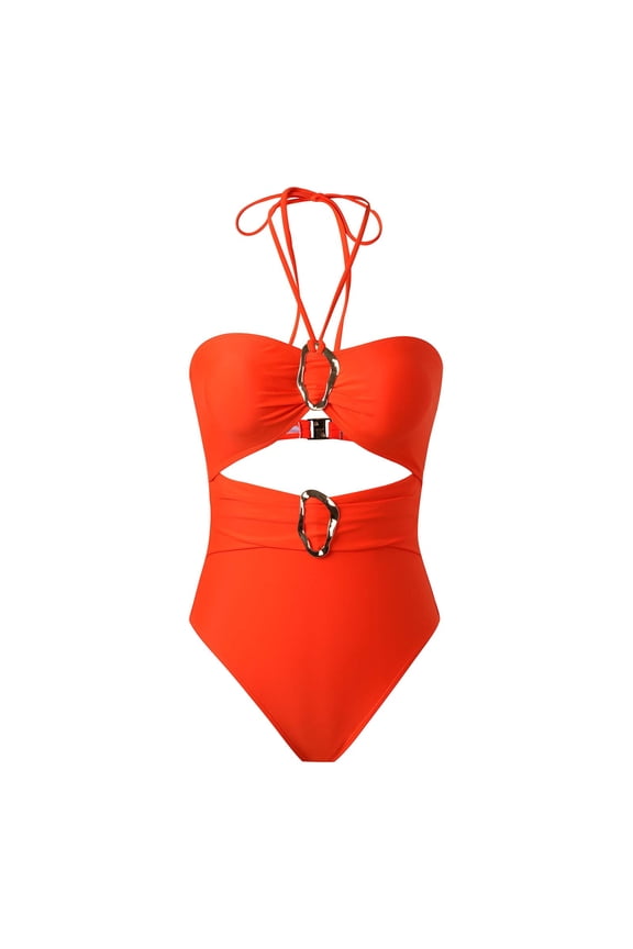 Women's Halter Cutout One Piece Swimsuit Tie Detail Lightweight Fabric Beach Vacation Wear Orange M