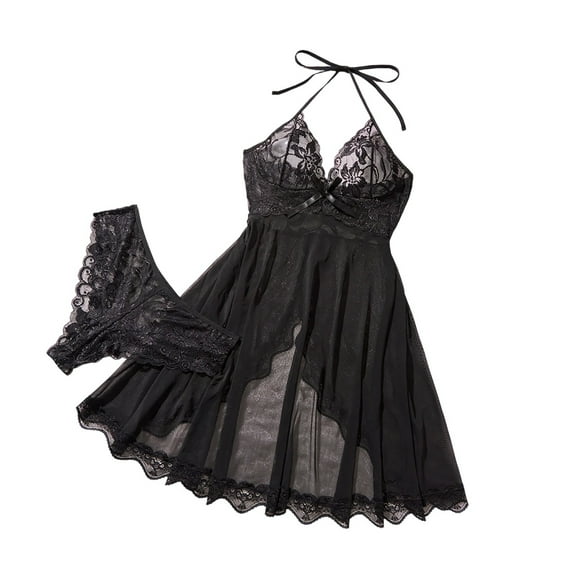 JSGEK Women's Lace Lingerie Nightgown Sexy Sheer Chemise with Side Slit for Romantic Evenings Black M