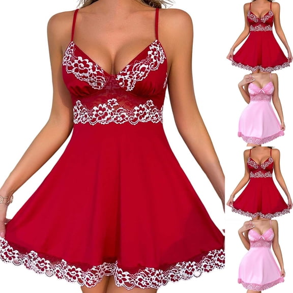 JSGEK Women’s Lace Sleep Dress Set Satin Nightgown and Lingerie Set with Adjustable Straps for Comfort and Style Pink L