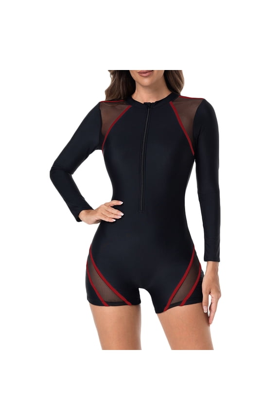 Women's Long Sleeve Mesh Panel One Piece Wetsuit Durable Material Comfortable Design Water Sports Wear Red S